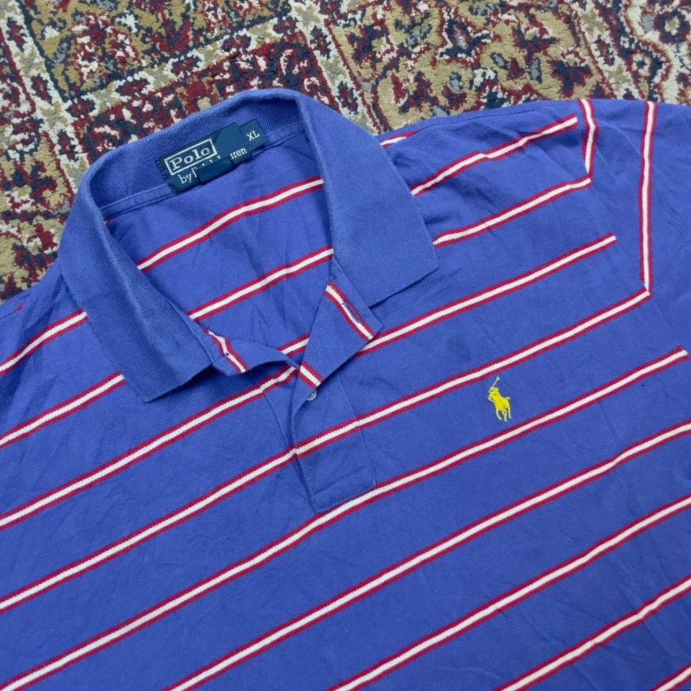 VTG 90s Polo Ralph Lauren XL Blue Striped Short Sleeve Cotton Pique Polo Shirt